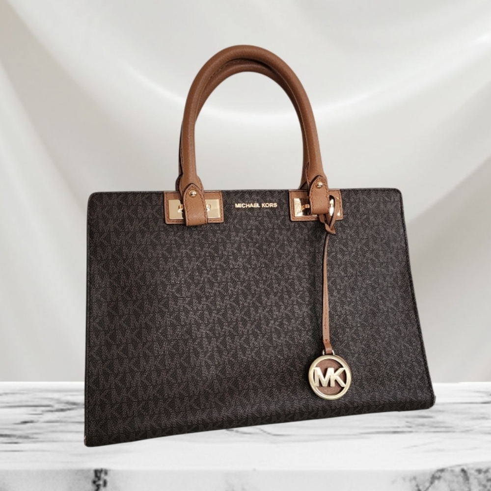 Michael Kors Signature Logo Satchel Quinn Brown CoatedCanvas Leather Trim Purse